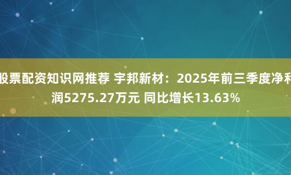 股票配资知识网推荐 宇邦新材：2025年前三季度净利润5275.27万元 同比增长13.63%